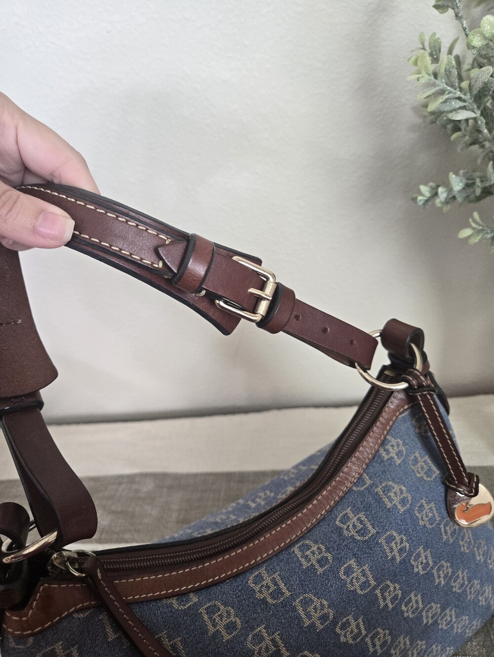 Dooney & Bourke Blue Denim Logo Hobo with Brown Trim, Medium East/West Slouch - Picture 14 of 17